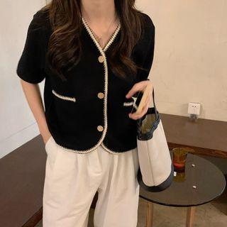 Short-sleeve Tweed Pocket Detail Top
