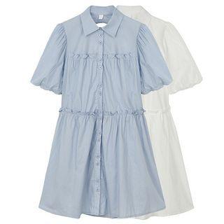 Puff-sleeve Plain Ruffled-trim Back Back Tie-strap Cutout Shirtdress
