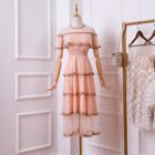 Short-sleeve Lace Trim Mesh A-line Midi Tiered Dress
