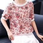 Short-sleeve Flower Print Chiffon Top