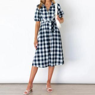 Puff-sleeve Gingham Midi Shirt Dress
