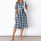 Puff-sleeve Gingham Midi Shirt Dress