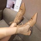 Mesh Panel Faux Leather Pointed Block Heel Short Boots