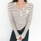Buttoned Striped Slim-fit Knit Top