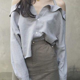 Long-sleeve Off-shoulder Plain Shirt Gray - One Size