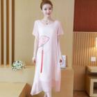 Fan Print Short-sleeve Silk Dress
