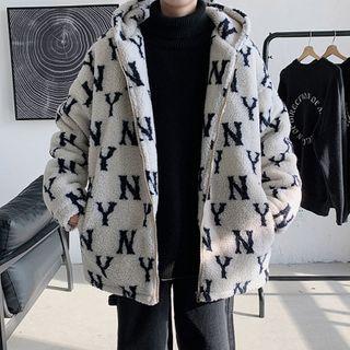 Letter Printed Fleece Zipped Hooded Jacket