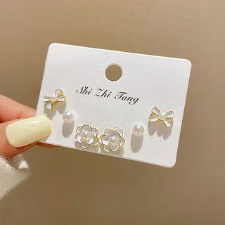 3 Pair Set: Faux Pearl / Glaze / Alloy Earring (various Designs) E4986 - 3 Pairs - Gold & White - One Size