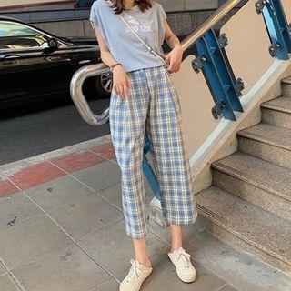 Set: Printed Cap-sleeve T-shirt + Plaid Cropped Straight-fit Pants