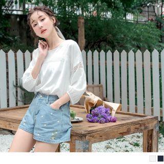 Crochet Panel 3/4-sleeve Round Neck Top