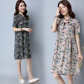 Floral Print Tie-neck Short-sleeve A-line Dress