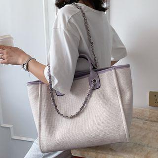 Contrast Trim Canvas Chain Tote Bag