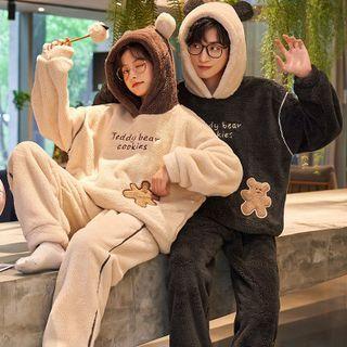 Couple Matching Loungewear Set : Fleece Bear Embroidered Hooded Top + Pants