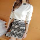 Set : Long-sleeve Knit Sweater + Patterned Mini Skirt