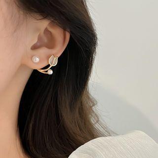Tulip Faux Cat Eye Stone Faux Pearl Alloy Earring 1 Pair - Gold - One Size