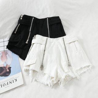 Zip Detail Distressed Denim Hot Pants