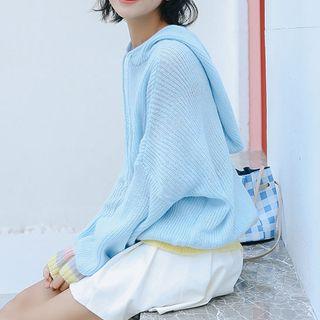 Contrast Trim Hooded Sweater Light Blue - One Size