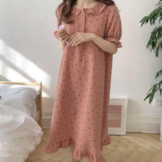 Puff-sleeve Cherry Print Midi Sleep Dress Pink - One Size