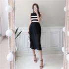 Set: Sleeveless Stripe Knit Top + Tie-waist Skirt Black - One Size
