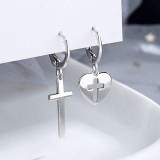 Cross & Heart Asymmetrical Sterling Silver Dangle Earring 1 Pair - Cuff Earrings - Non-matching - Heart & Cross - Silver - One Size