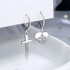 Cross & Heart Asymmetrical Sterling Silver Dangle Earring 1 Pair - Cuff Earrings - Non-matching - Heart & Cross - Silver - One Size