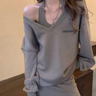 Lettering V-neck Sweatshirt / Halter-neck Mini Dress