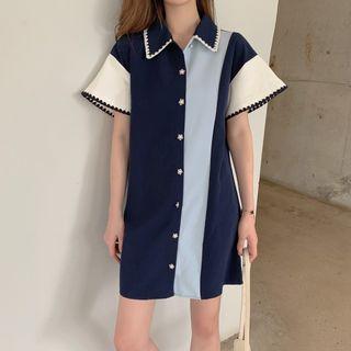 Short-sleeve Color Block Buttoned Mini Dress