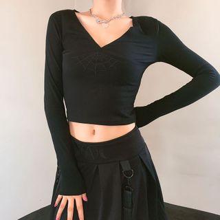 Long-sleeve Web Embroidered Cropped Top