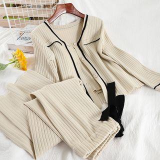 Set: Knit Camisole Top + Wide-leg Pants + Cardigan