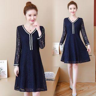 V Neck Lace Midi Dress