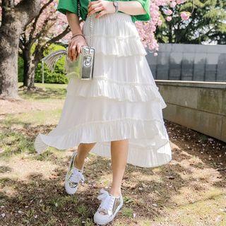 Band-waist Pleated Long Tiered Skirt