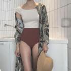 Short-sleeve Two-tone Knit Swimsuit As Shown In Figure - One Size