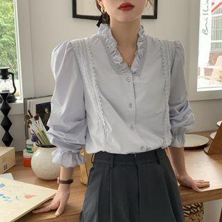 Long Sleeve V Neck Lace Trim Plain Shirt