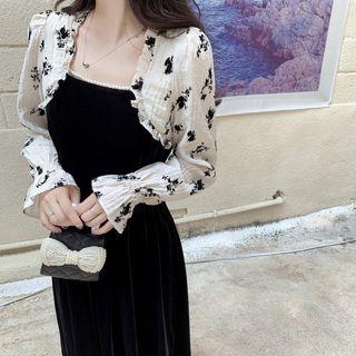 Mock Two-piece Puff-sleeve Floral Print Midi Dress
