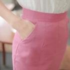 Slit-front Linen Blend Pencil Skirt