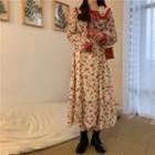 Faux Pearl Button Cardigan / Floral Midi A-line Dress
