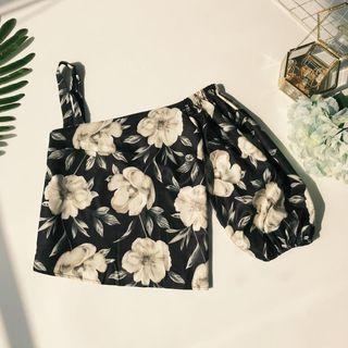 Floral Print One Shoulder Elbow Sleeve Chiffon Top