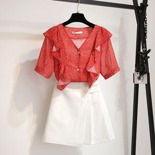 Set: Short-sleeve Dotted Blouse + Mini A-line Skirt
