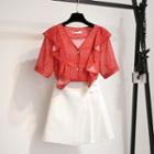 Set: Short-sleeve Dotted Blouse + Mini A-line Skirt