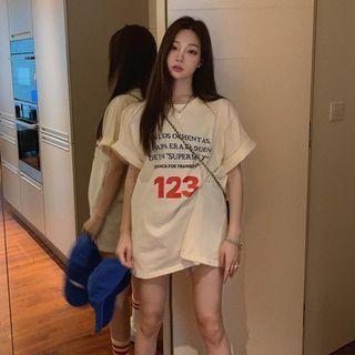 Short-sleeve Lettering Oversized T-shirt Beige - One Size