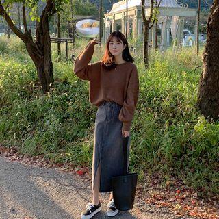Slit-front H-line Long Denim Skirt