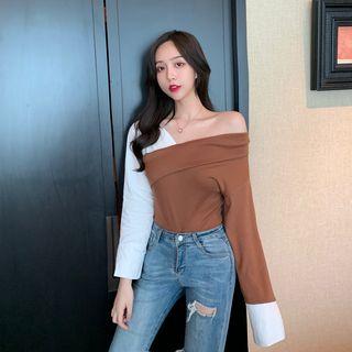 Two-tone One Shoulder Long-sleeve T-shirt
