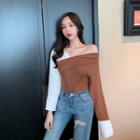 Two-tone One Shoulder Long-sleeve T-shirt