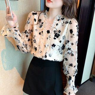 Lace Trim Rose Print Blouse