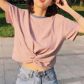 Knot Striped Short-sleeve Top Pink - One Size