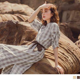 Elbow Sleeve Tie-waist Check A-line Dress