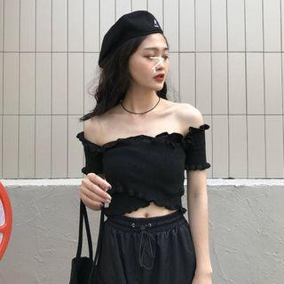 Ruffle Trim Off-shoulder Short-sleeve Cropped Top Black - One Size