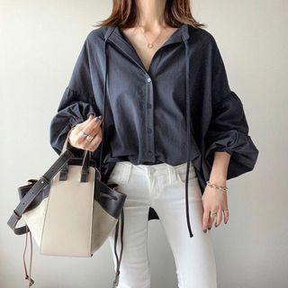 Puff-sleeve Blouse Dark Blue - One Size