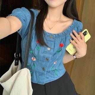 Short-sleeve Denim Embroidered Blouse Blue - One Size