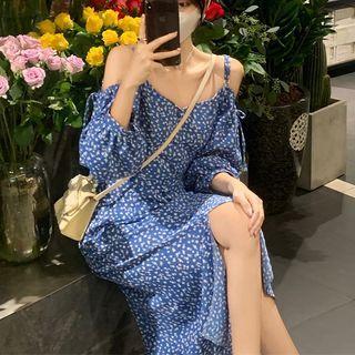 Long-sleeve Off-shoulder Floral Slit Midi A-line Dress